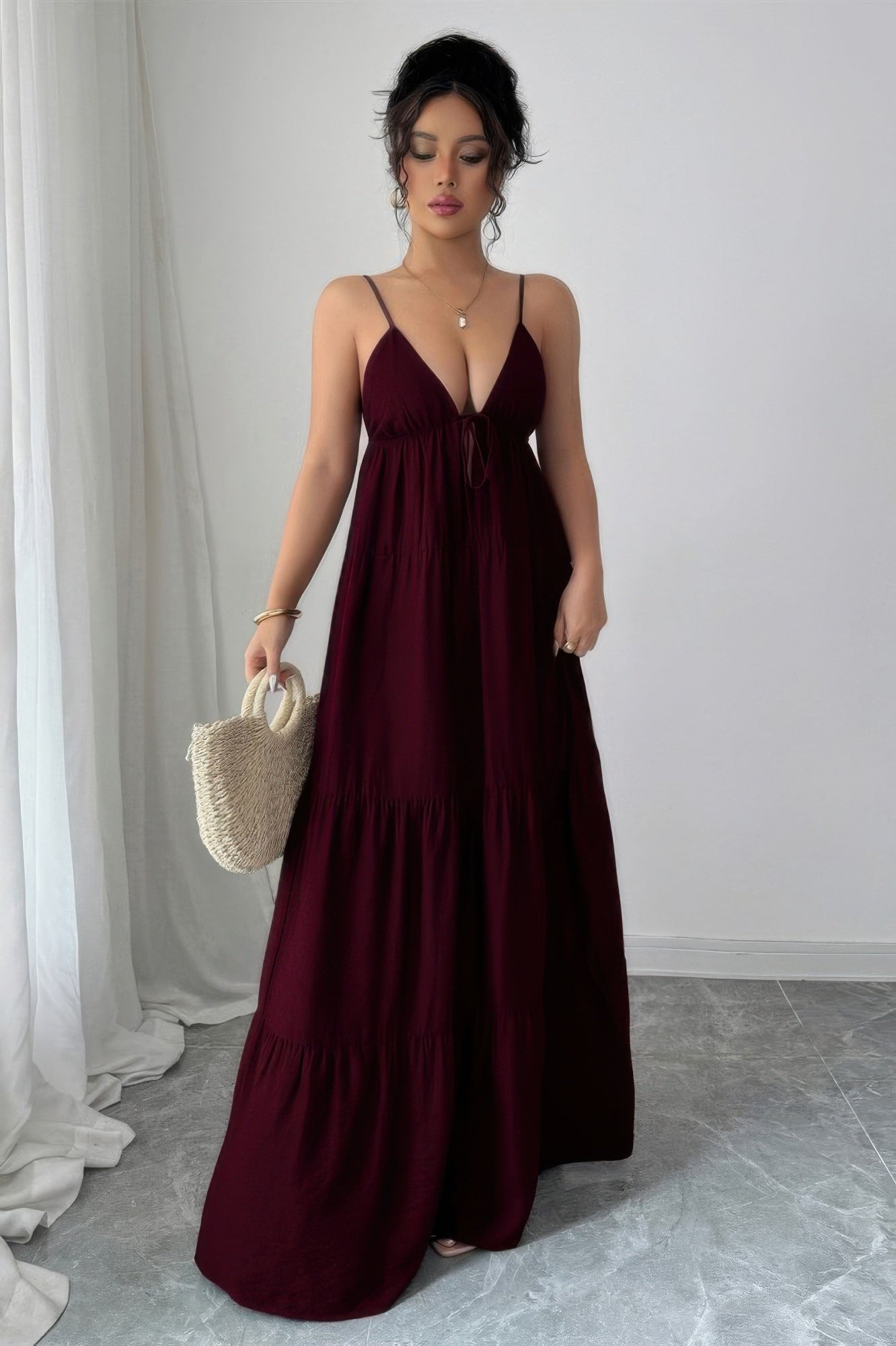 Burgundy tiered maxi dress for summer outings and gatherings