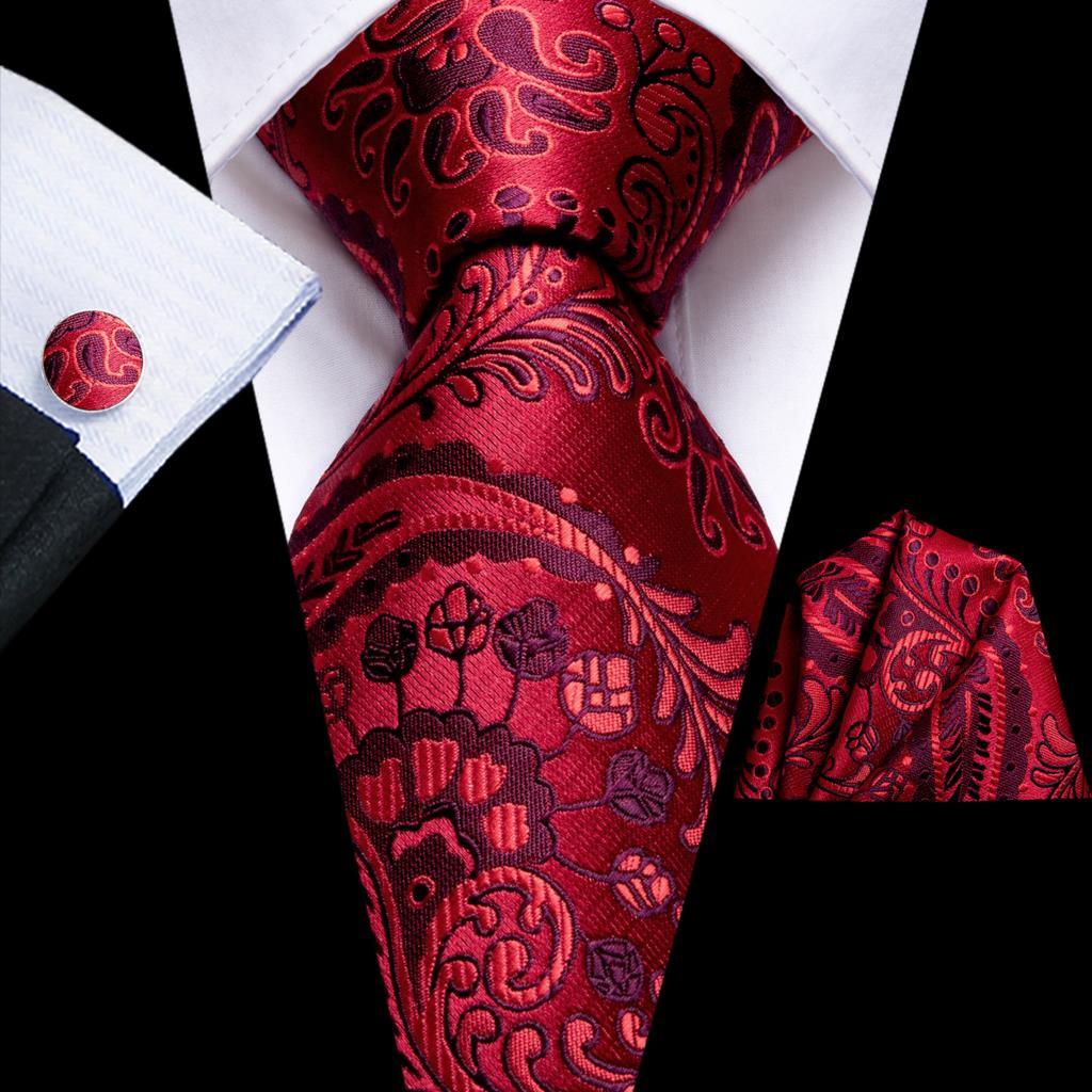 Men's Accessories - Ties Burgundy Paisley Striped Silk Wedding Ties For Men Necktie Hanky Cufflinks Set