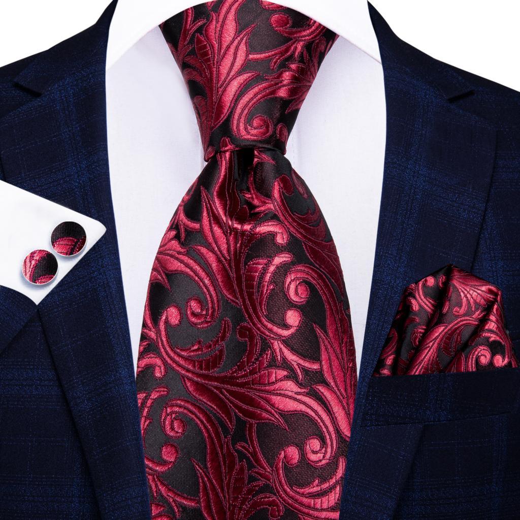 Men's Accessories - Ties Burgundy Paisley Striped Silk Wedding Ties For Men Necktie Hanky Cufflinks Set
