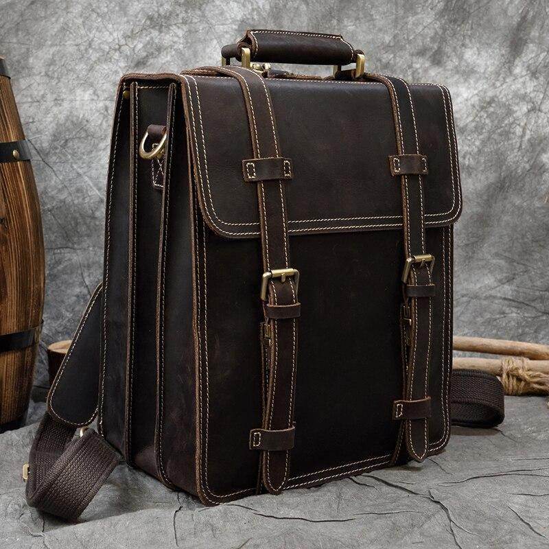 Vintage leather business travel backpack combo with adjustable straps and multiple compartments