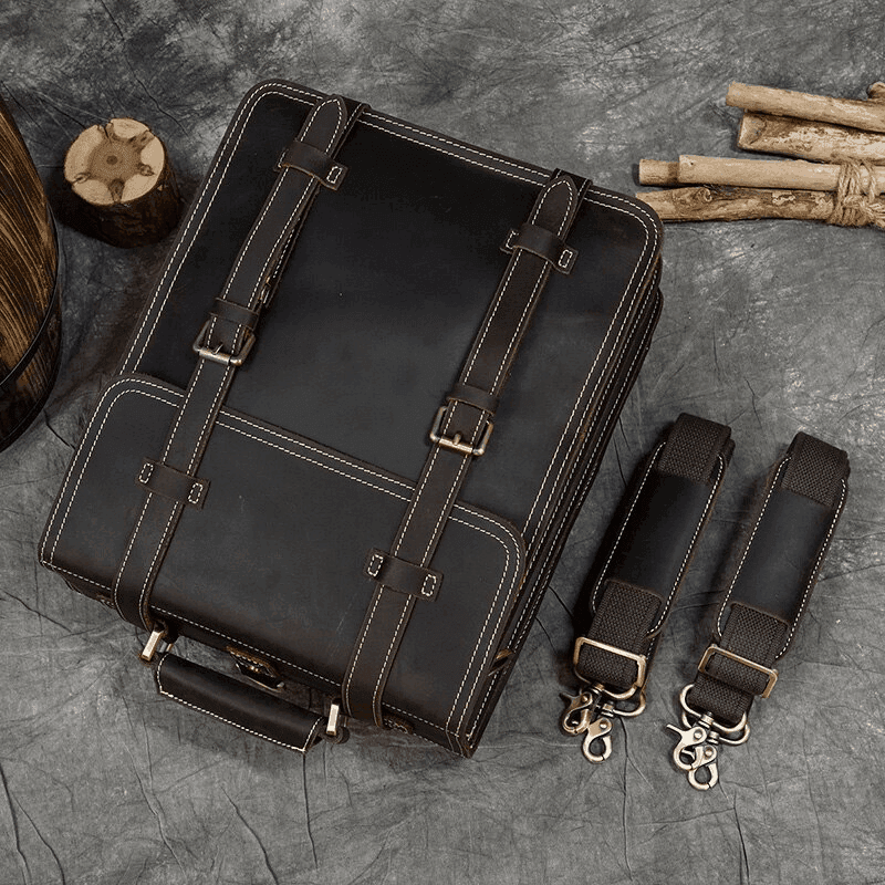 VacationGrabs business travel backpack combo in black leather with adjustable straps and sturdy design