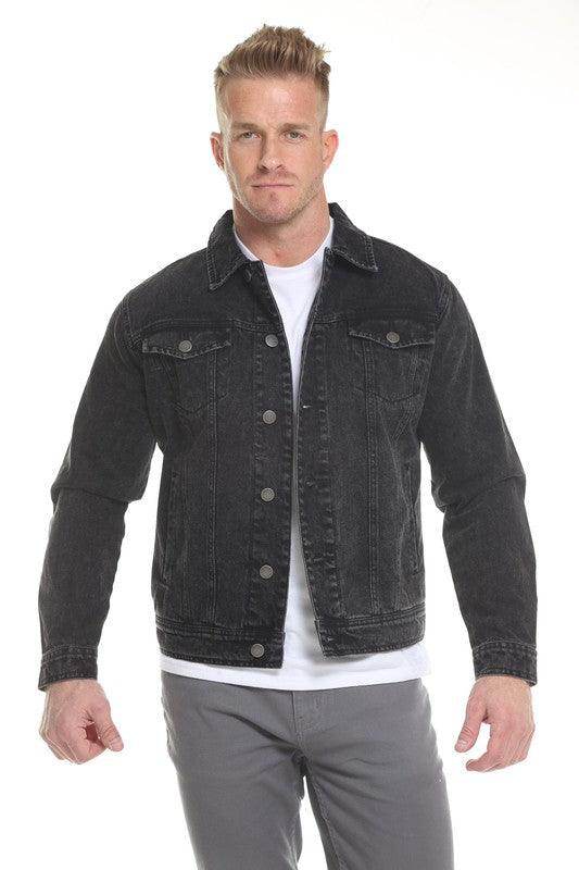 Blue Age button down denim jacket in black with classic fit and front pockets for men