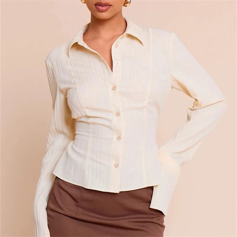 Cream button down shirt business casual, lightweight fabric for office wear