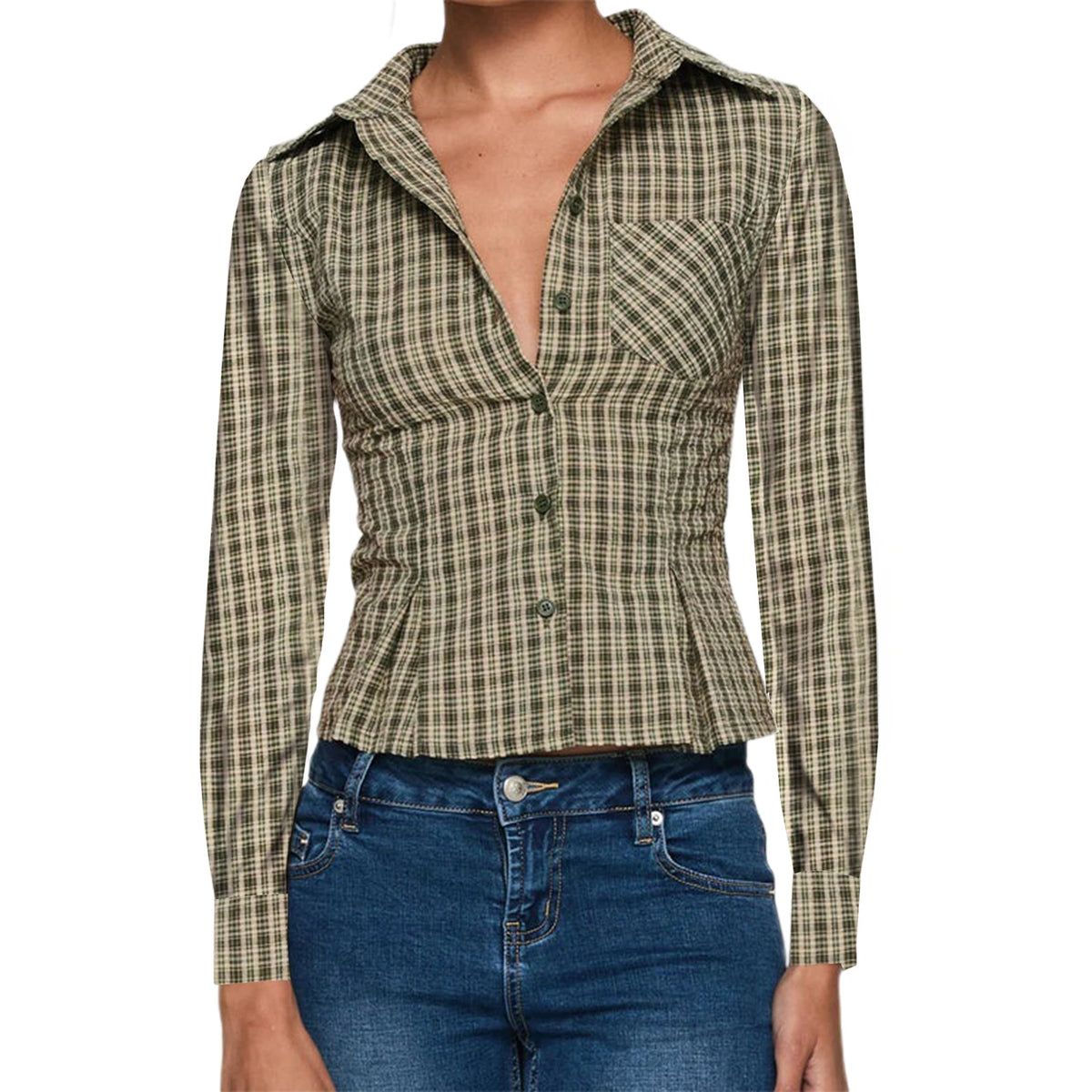 Women’s button down shirt business casual, plaid design, perfect for office wear