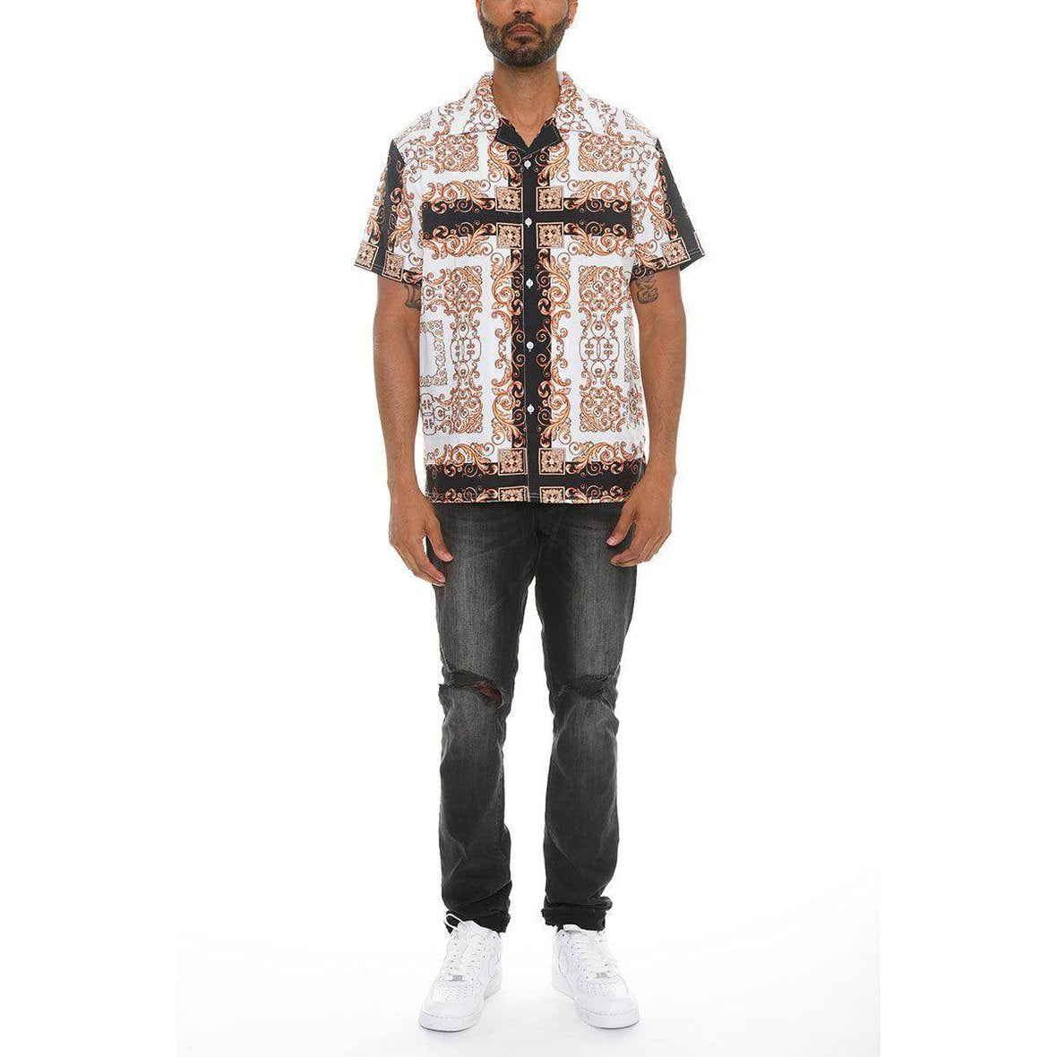 Men's vacation-style button down shirt business casual in black and white