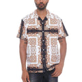 Men's patterned button down shirt business casual, lightweight fabric.