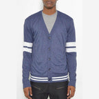 WEIV navy button front cardigan for men with white striped sleeves and a classic fit