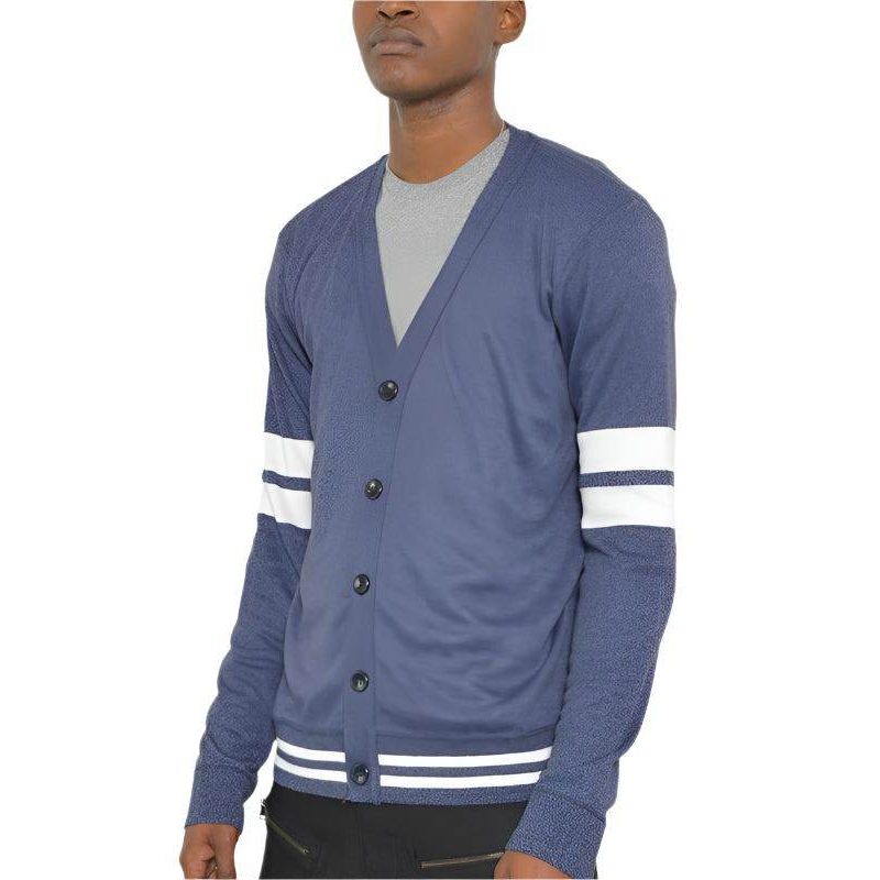 WEIV button front cardigan for men in navy with stylish striped sleeves and a modern fit