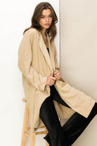 HYFVE women's button front fall coat in beige, stylish and comfortable for cool weather outings