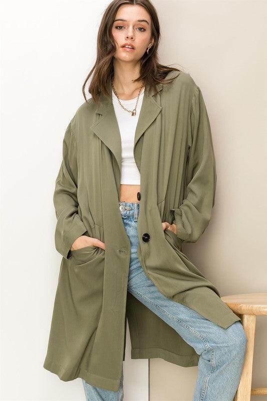 HYFVE button front fall coat in olive green with relaxed fit and side pockets for stylish layering
