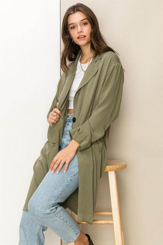HYFVE Women's Button Front Fall Coat in Olive Green, Perfect for Casual Layering