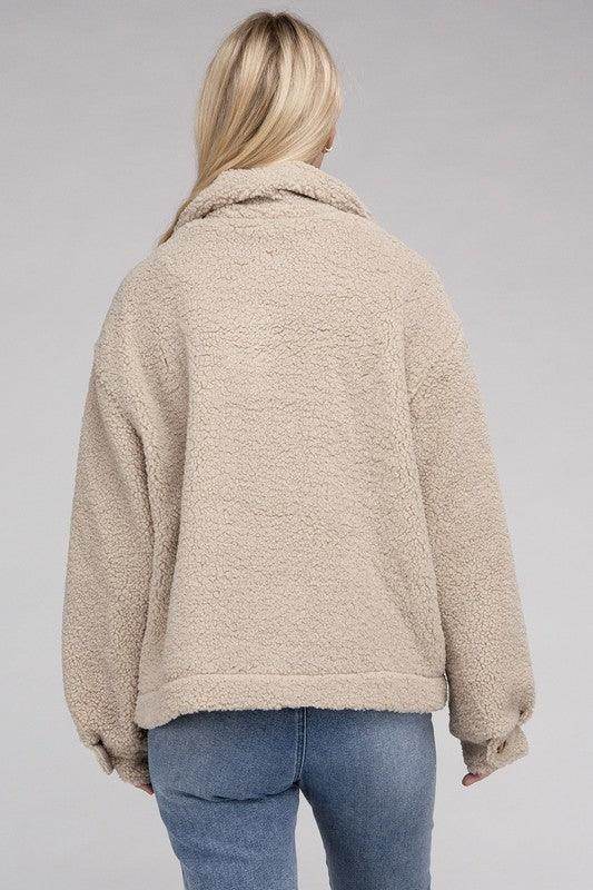 Back view of a cozy beige Button-Front Sherpa Coat from Ambiance Apparel for women