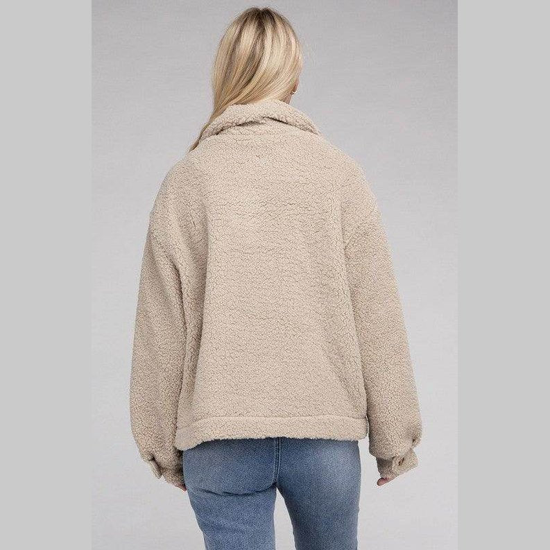 Back view of a cozy beige Button-Front Sherpa Coat from Ambiance Apparel for women
