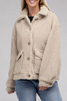 Ambiance Apparel Button-Front Sherpa Coat in Beige with front pockets and cozy design
