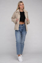 Ambiance Apparel Button-Front Sherpa Coat in Beige, stylishly paired with jeans and a crop top