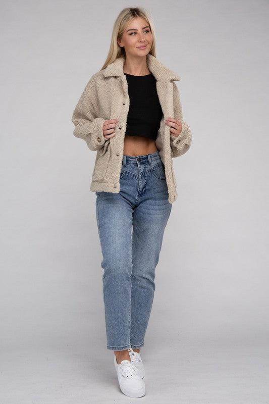 Ambiance Apparel Button-Front Sherpa Coat in Beige, stylishly paired with jeans and a crop top
