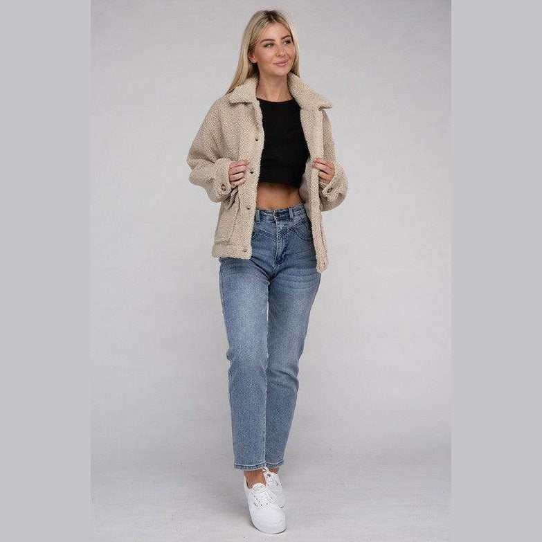 Ambiance Apparel Button-Front Sherpa Coat in Beige, stylishly paired with jeans and a crop top