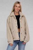 Ambiance Apparel Button-Front Sherpa Coat in beige featuring a cozy design and pockets