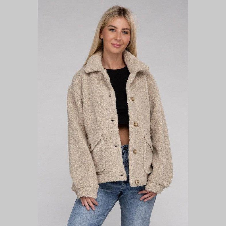 Ambiance Apparel Button-Front Sherpa Coat in beige featuring a cozy design and pockets