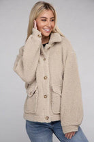 Ambiance Apparel Button-Front Sherpa Coat in Beige with Soft Fabric and Large Pockets