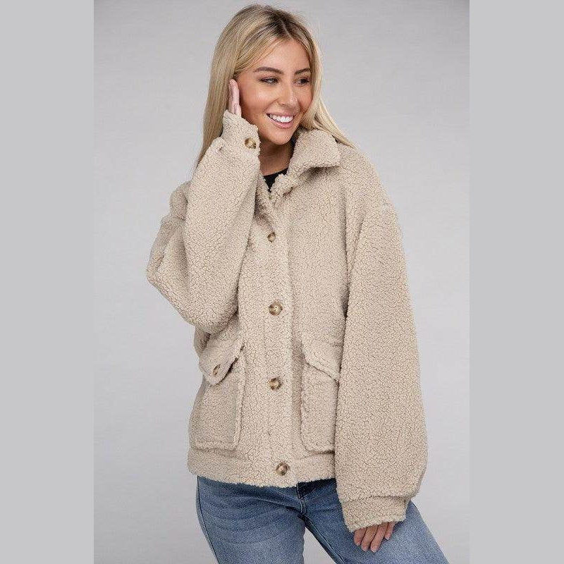 Ambiance Apparel Button-Front Sherpa Coat in Beige with Soft Fabric and Large Pockets
