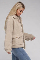 Women’s Button-Front Sherpa Coat in beige with side pockets and relaxed fit for cozy style