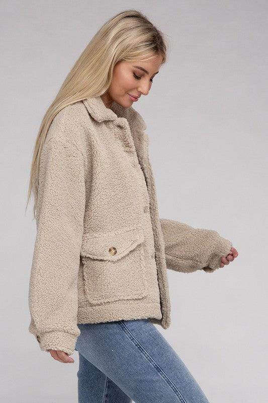 Women’s Button-Front Sherpa Coat in beige with side pockets and relaxed fit for cozy style