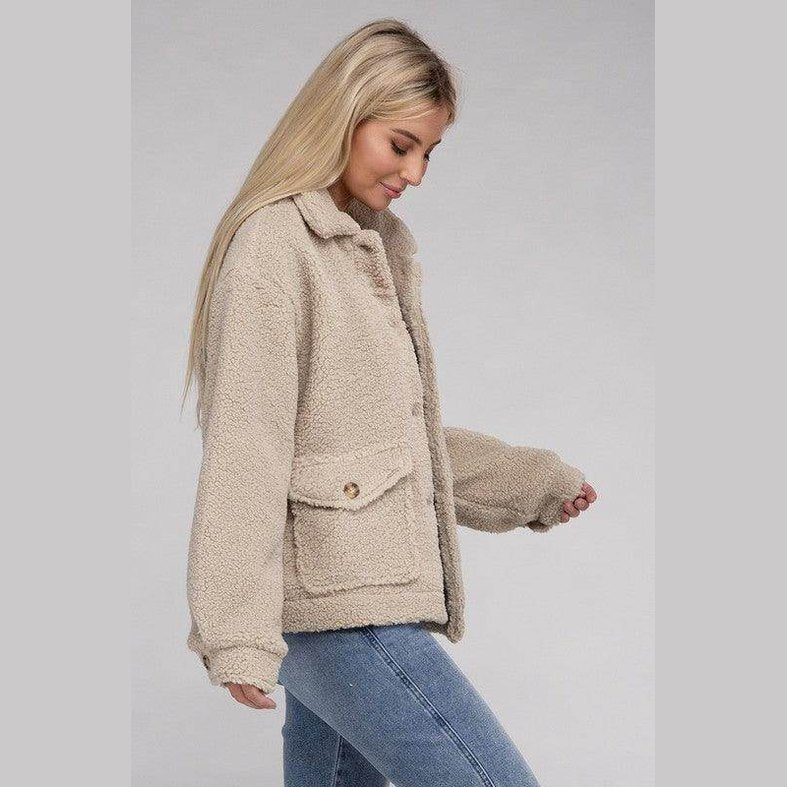 Women’s Button-Front Sherpa Coat in beige with side pockets and relaxed fit for cozy style