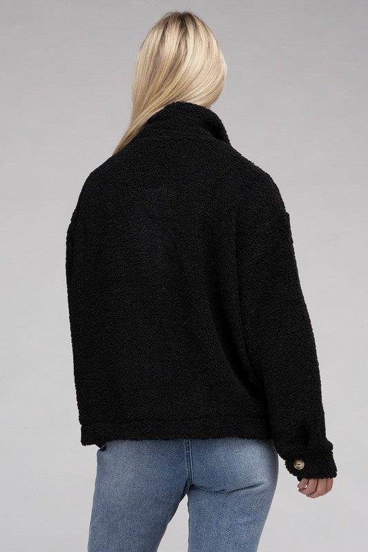 Back view of a cozy black Button-Front Sherpa Coat from Ambiance Apparel for women