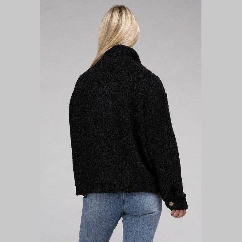 Back view of a cozy black Button-Front Sherpa Coat from Ambiance Apparel for women