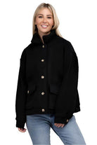 Women's Button-Front Sherpa Coat in Black with Front Pockets and Soft Fabric