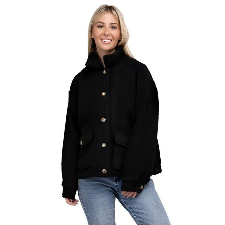 Women's Button-Front Sherpa Coat in Black with Front Pockets and Soft Fabric