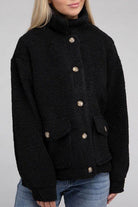 Black Button-Front Sherpa Coat by Ambiance Apparel featuring a cozy design and large front pockets