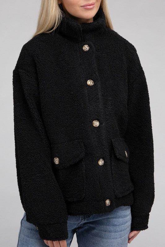 Black Button-Front Sherpa Coat by Ambiance Apparel featuring a cozy design and large front pockets
