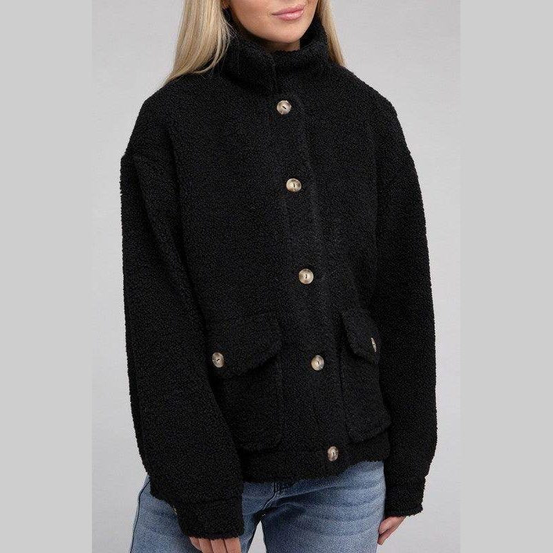 Black Button-Front Sherpa Coat by Ambiance Apparel featuring a cozy design and large front pockets