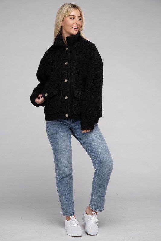 Ambiance Apparel Button-Front Sherpa Coat in black, stylish and cozy for women's casual outfits