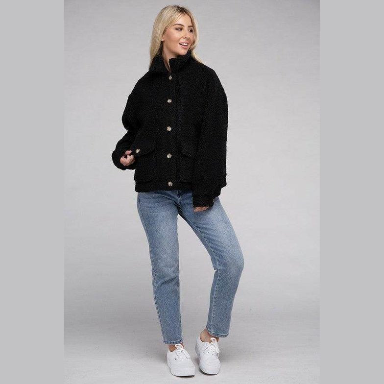 Ambiance Apparel Button-Front Sherpa Coat in black, stylish and cozy for women's casual outfits