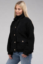 Ambiance Apparel Button-Front Sherpa Coat in Black with Cozy Design and Front Pockets