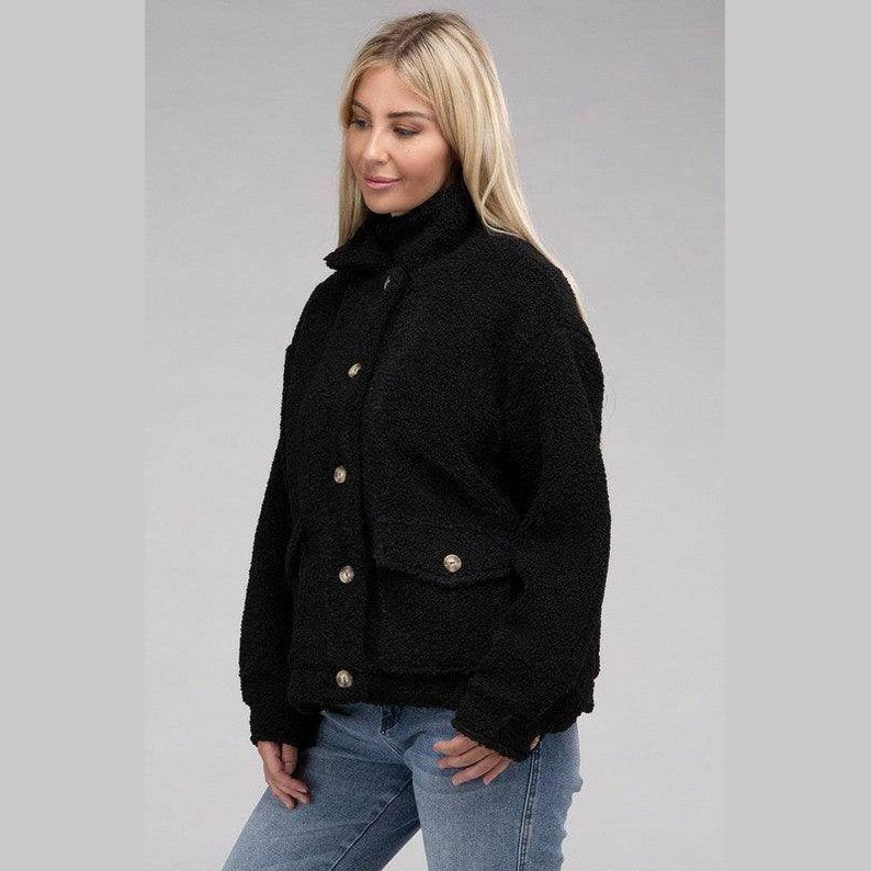 Ambiance Apparel Button-Front Sherpa Coat in Black with Cozy Design and Front Pockets