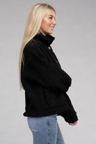 Ambiance Apparel Button-Front Sherpa Coat in Black with Side Pockets for Cozy Style