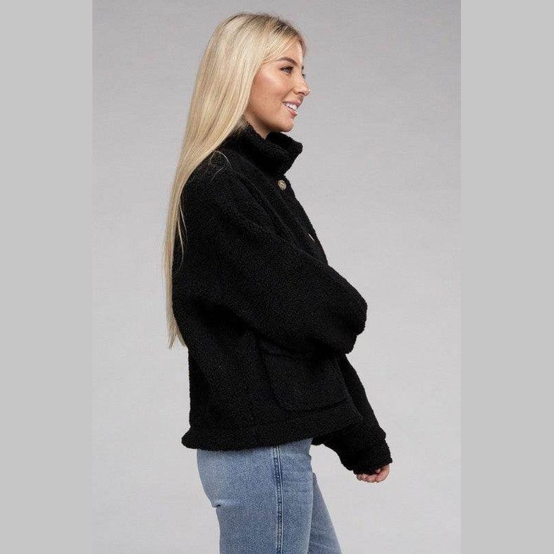 Ambiance Apparel Button-Front Sherpa Coat in Black with Side Pockets for Cozy Style