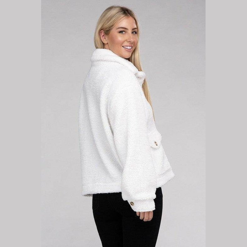 Ambiance Apparel Button-Front Sherpa Coat in White for Women with a Cozy and Stylish Fit