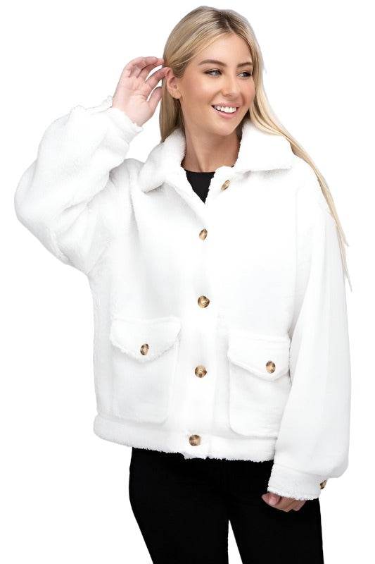 Ambiance Apparel Button-Front Sherpa Coat in white with stylish pockets and soft texture