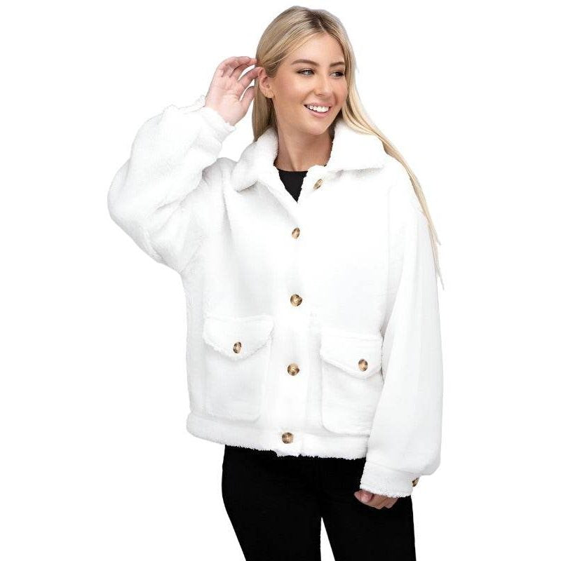 Ambiance Apparel Button-Front Sherpa Coat in white with stylish pockets and soft texture