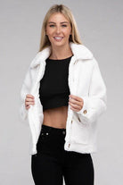 Women's Button-Front Sherpa Coat from Ambiance Apparel in white, styled with cropped top and jeans