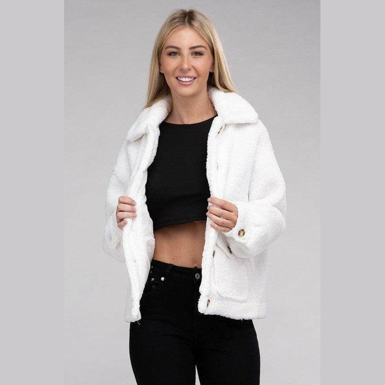 Women's Button-Front Sherpa Coat from Ambiance Apparel in white, styled with cropped top and jeans