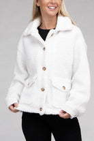 White Button-Front Sherpa Coat by Ambiance Apparel with two front pockets and a cozy design