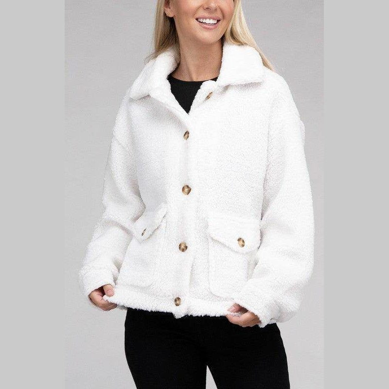 White Button-Front Sherpa Coat by Ambiance Apparel with two front pockets and a cozy design