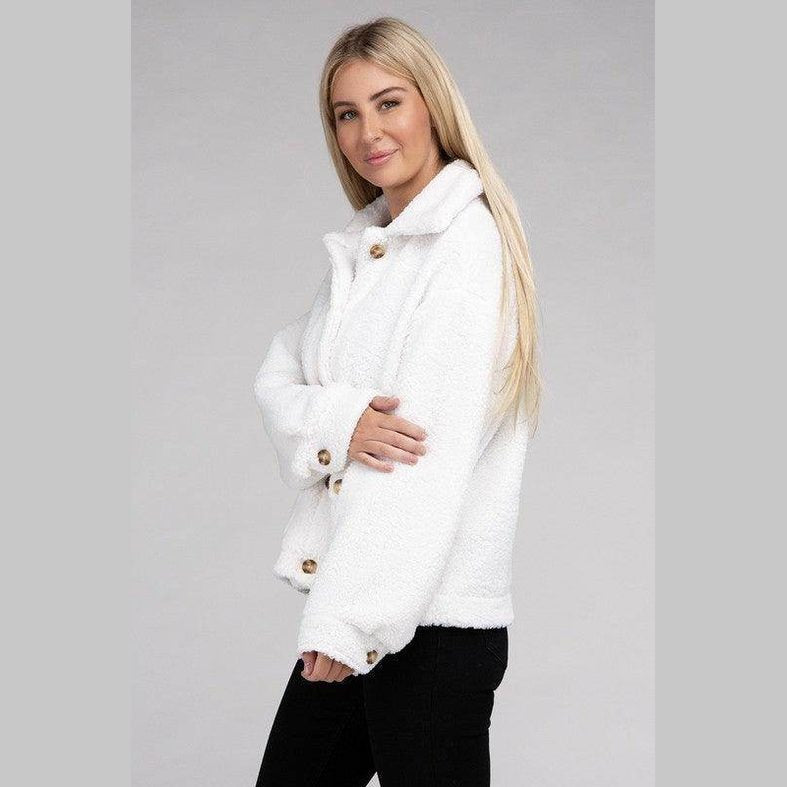 Women's Button-Front Sherpa Coat in White with Comfortable Fit and Stylish Design