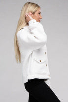Ambiance Apparel Button-Front Sherpa Coat in White with side view showcasing its soft texture and pockets